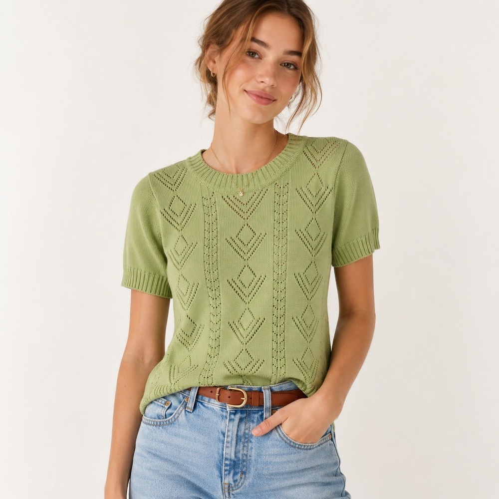 Vicki Wayne Pointelle Knit Sweater Womens M Sage Green  Vintage Coquette Preppy